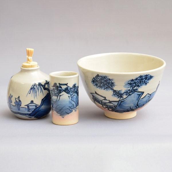 茶箱用茶碗 茶道具 手塚桐鳳 作 茶箱用 古染付山水文茶碗 三点セット