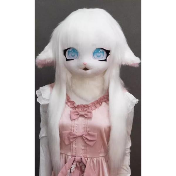 着ぐるみヘッド 猫 垂れ耳 真っ白 全頭ヘッド ケモノ マスク ファー