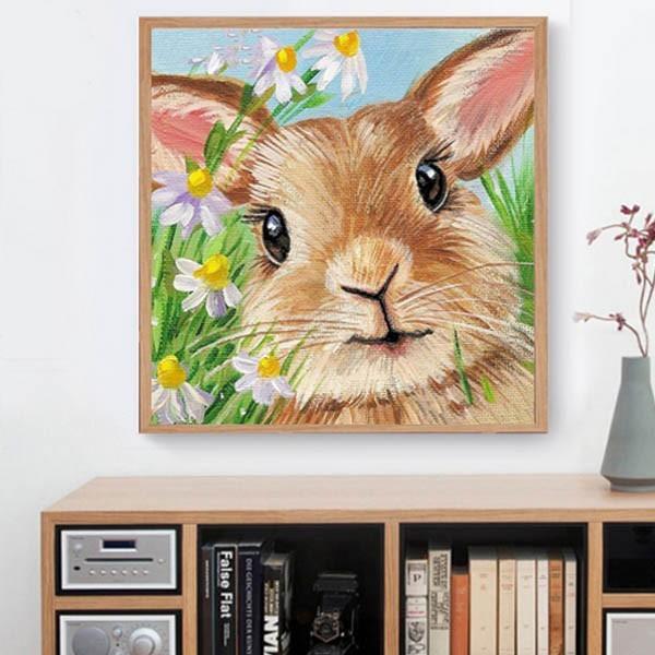 初級 フル ダイヤモンドアート キット ビーズ刺繍 兎 ウサギ 白い花