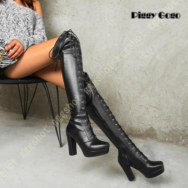 サイハイブーツ 黒 編み上げ レースアップ 厚底 美脚 ニーハイブーツ