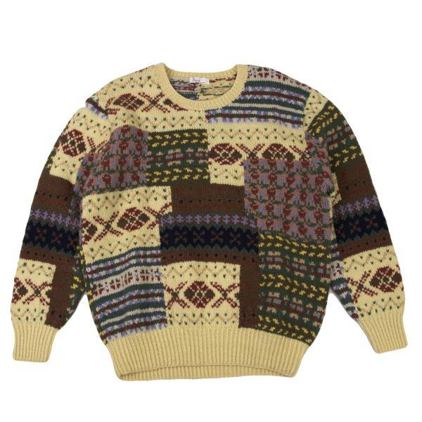 PAPAS（パパス） パッチワーク織りハンドニットセーター 黄マルチL位