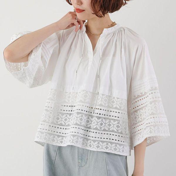 sara mallika（サラ マリカ） ブラウス Cotton Border Gather Lace Top