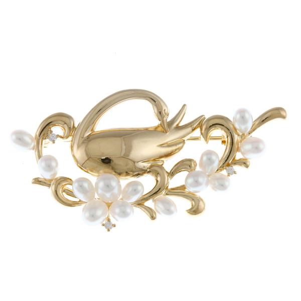 タサキ K18 ブローチ ダイヤモンド 0.03ct パール 白鳥 18金 K18