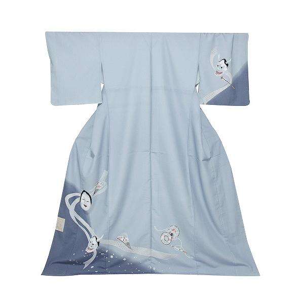 洗える着物 国産袷附下 フリーサイズ ブルーグレー系/能面・般若柄 KTK