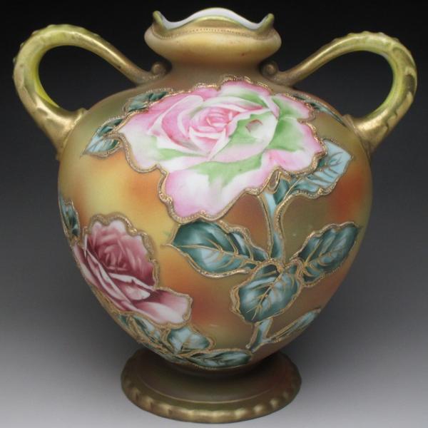 ノリタケ オールドノリタケ 茶地金盛り薔薇絵 花瓶 : アンティーク