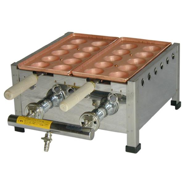 天然ガス用 10穴2丁（2連）（銅板木柄たこ焼き器）山下金物製