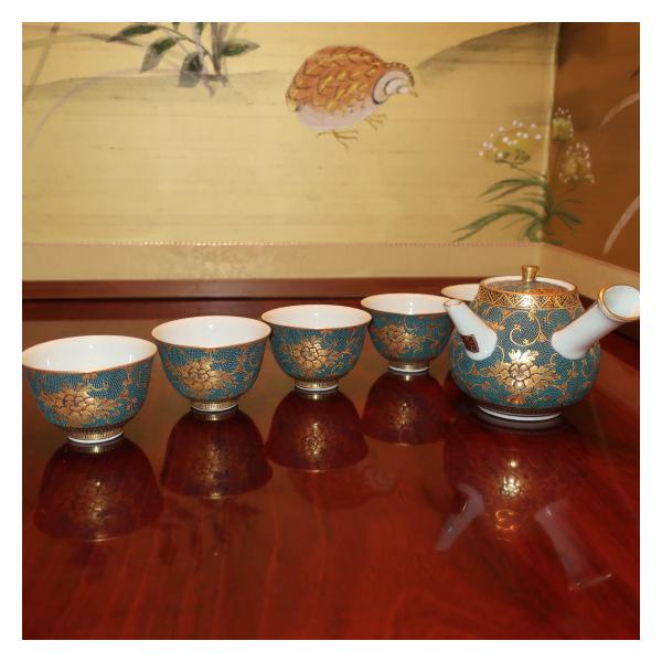九谷焼 茶道具 茶器(急須・碗5ヶ入）九谷焼 本金青粒牡丹 錦泉作