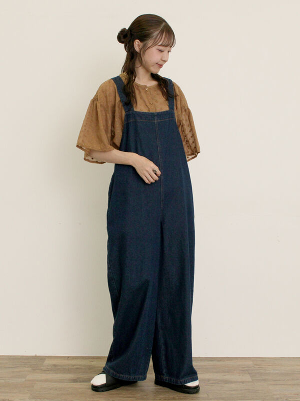 セール】 刺繍デニム/ヒッコリーサロペットパンツ（オフホワイト