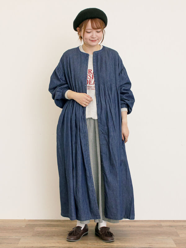 セール】 【S/Mサイズ】綿麻/デニムピンタックワンピース