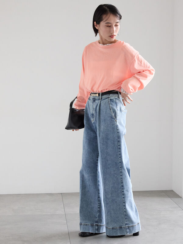 ワイドデニムパンツ（サックスブルー/ネイビー/ボトムス/パンツ）| Te