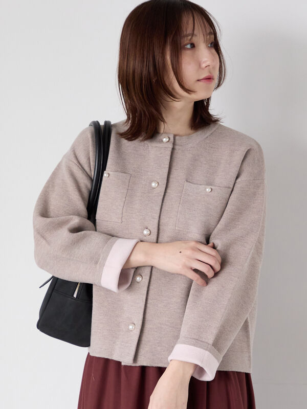 パール釦バイカラーニットカーディガン（オフホワイト/グレー/ベージュ