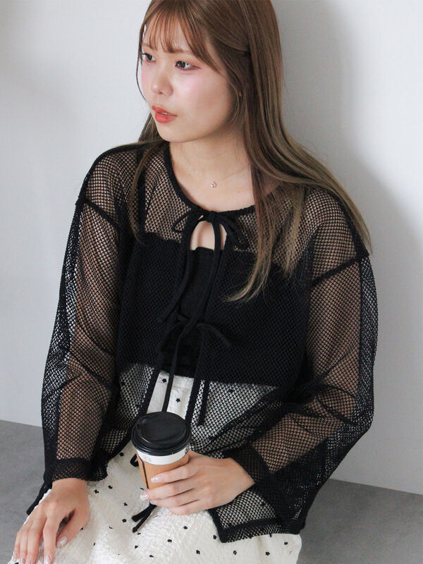 セール】 前後2WAYメッシュリボンカーディガン（グレー/ブラック