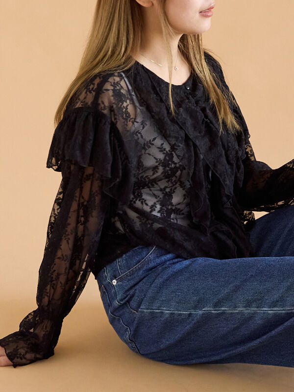 セール】 総レースフリルブラウス（オフホワイト/ブラック/キナリ