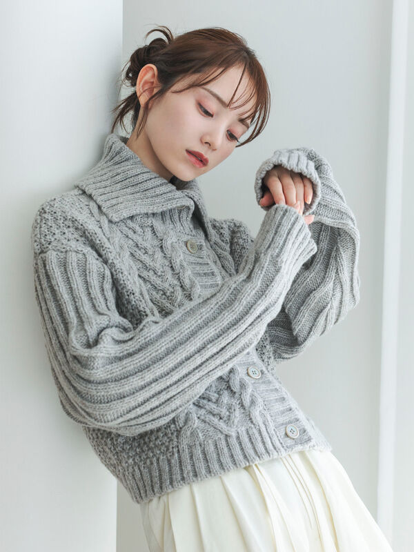 セール】 ケーブル編みニットカーディガン（グレー/モカ/トップス