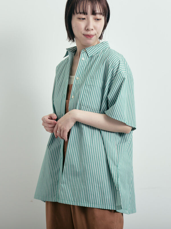 セール】 ストライプ柄ビッグシャツ（ベージュ/イエロー/グリーン