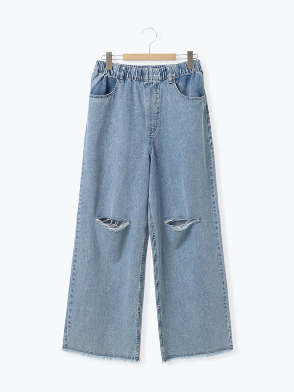 セール】 ダメージデニムイージーパンツ（オフホワイト/サックスブルー