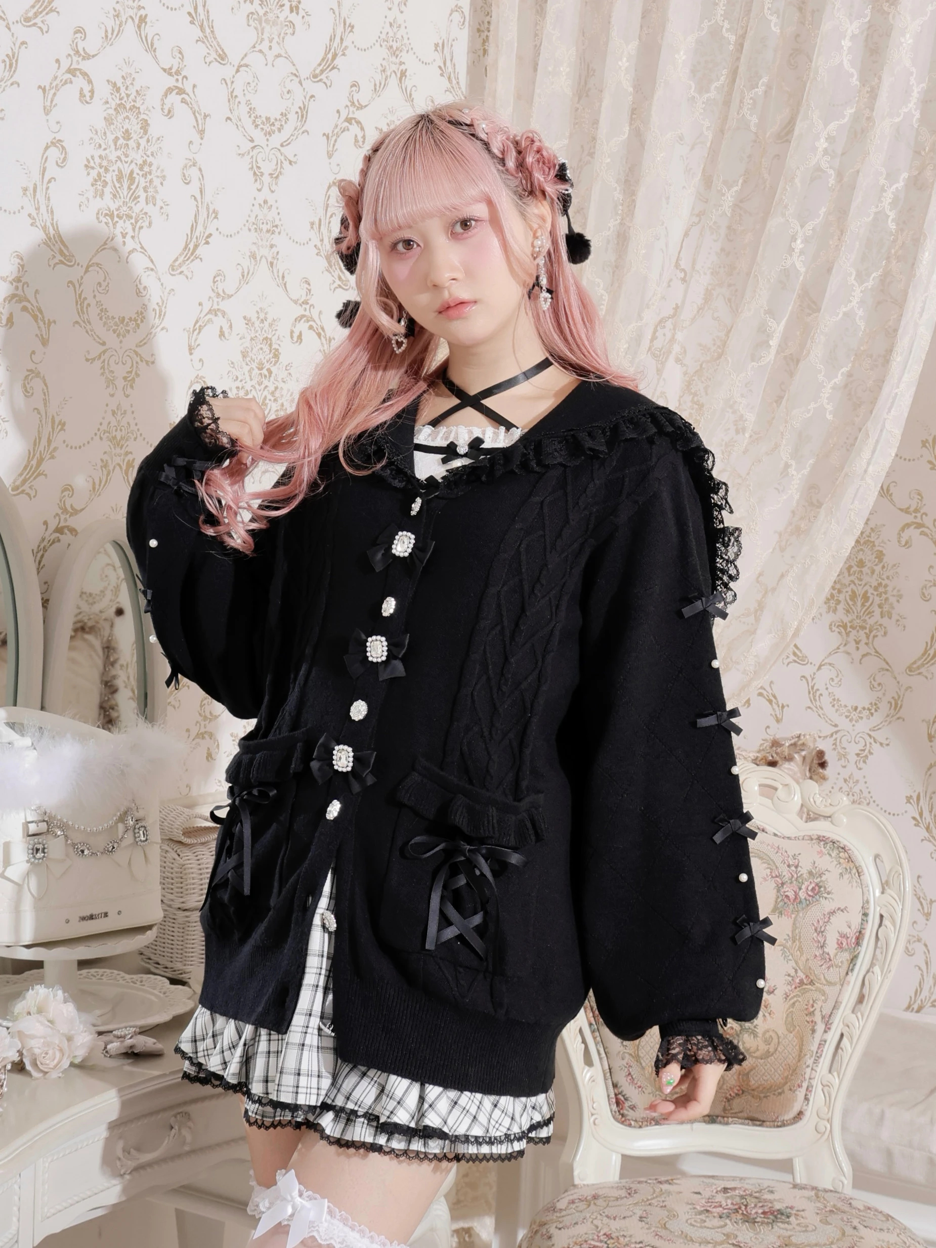 メニーリボンケーブルセーラカーデ（カーディガン｜黒・オフホワイト