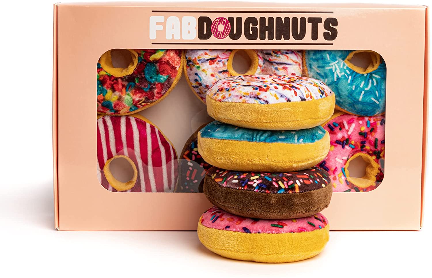 スクイーカー入りふわふわぬいぐるみ】ファブドッグ・箱入りドーナツ