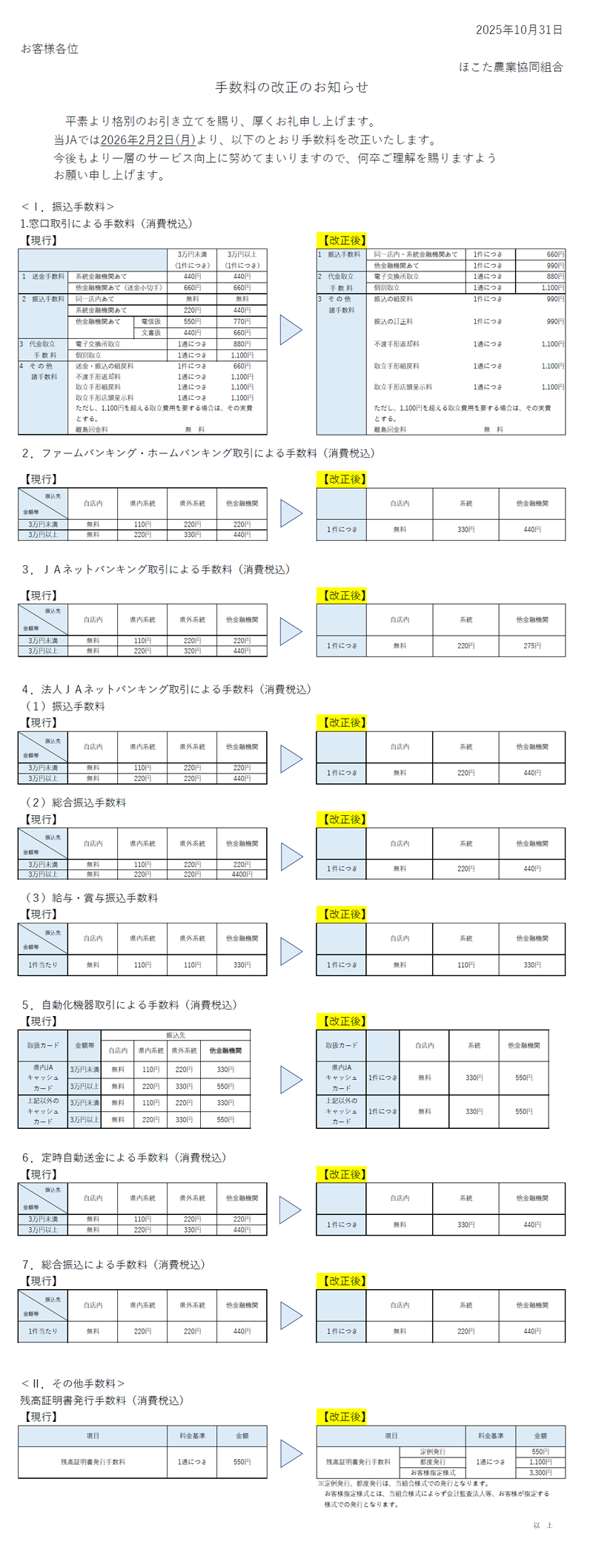 お知らせ「手数料の改正のお知らせ」の記事｜JAほこた 茨城県鉾田市