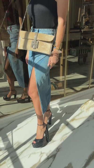 Hermès Jige Elan Clutch Sable Doblis Suede and Ombré Lizard