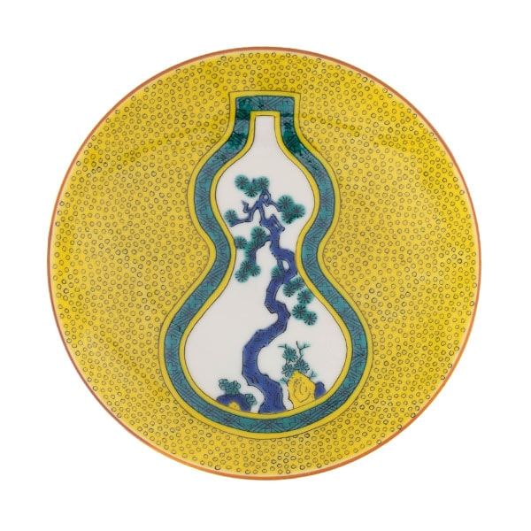 BK439 古九谷青手庄三造乃図 飾皿 二重角福