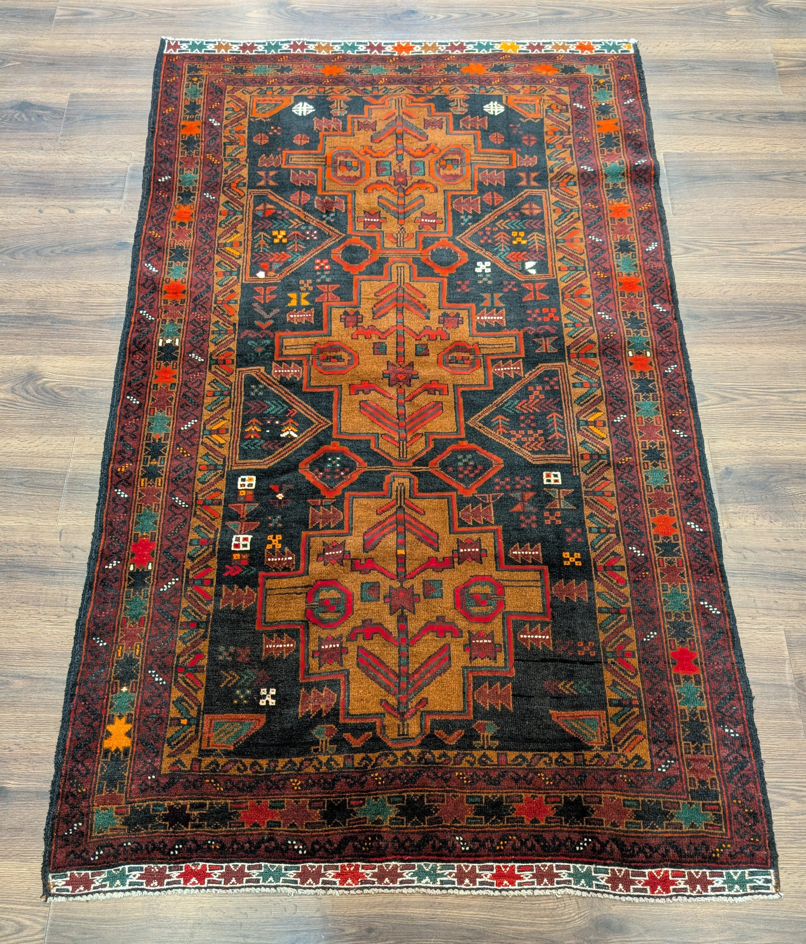 Afghan Baluch Rug 4x6, Tribal, Geometric, Unique Colors, Triple