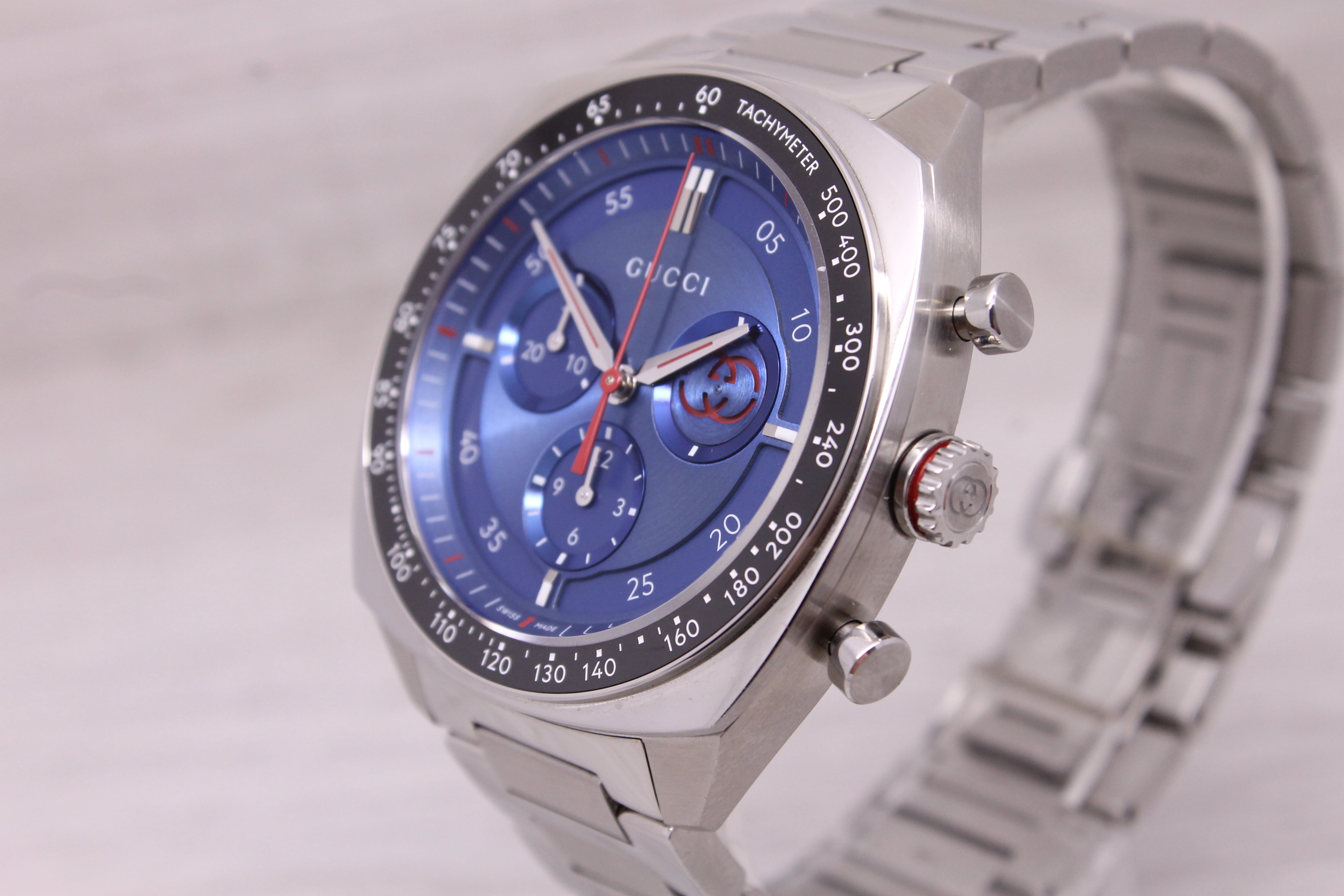 Gucci Interlocking 41mm Mens Steel Quartz Chronograph Watch Blue w/ Bo