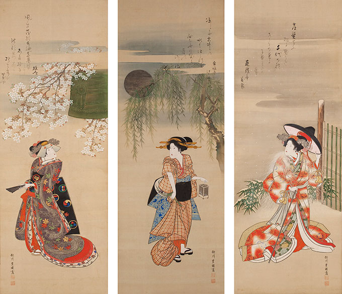 浮世絵】歌川国貞「傾城文庫四拾餘冊」上・下 二枚続 美人画 江戸後期