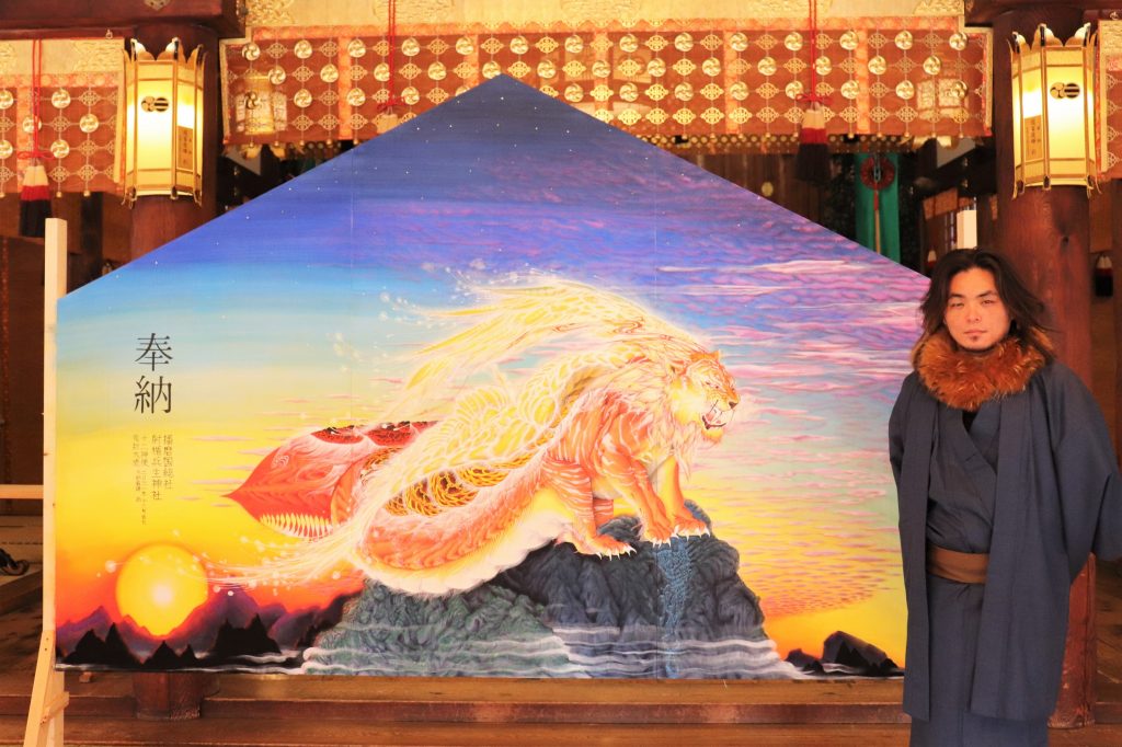 姫路・播磨国総社に恒例巨大絵馬「鬼封じの大虎」日本画家・不動貴雄