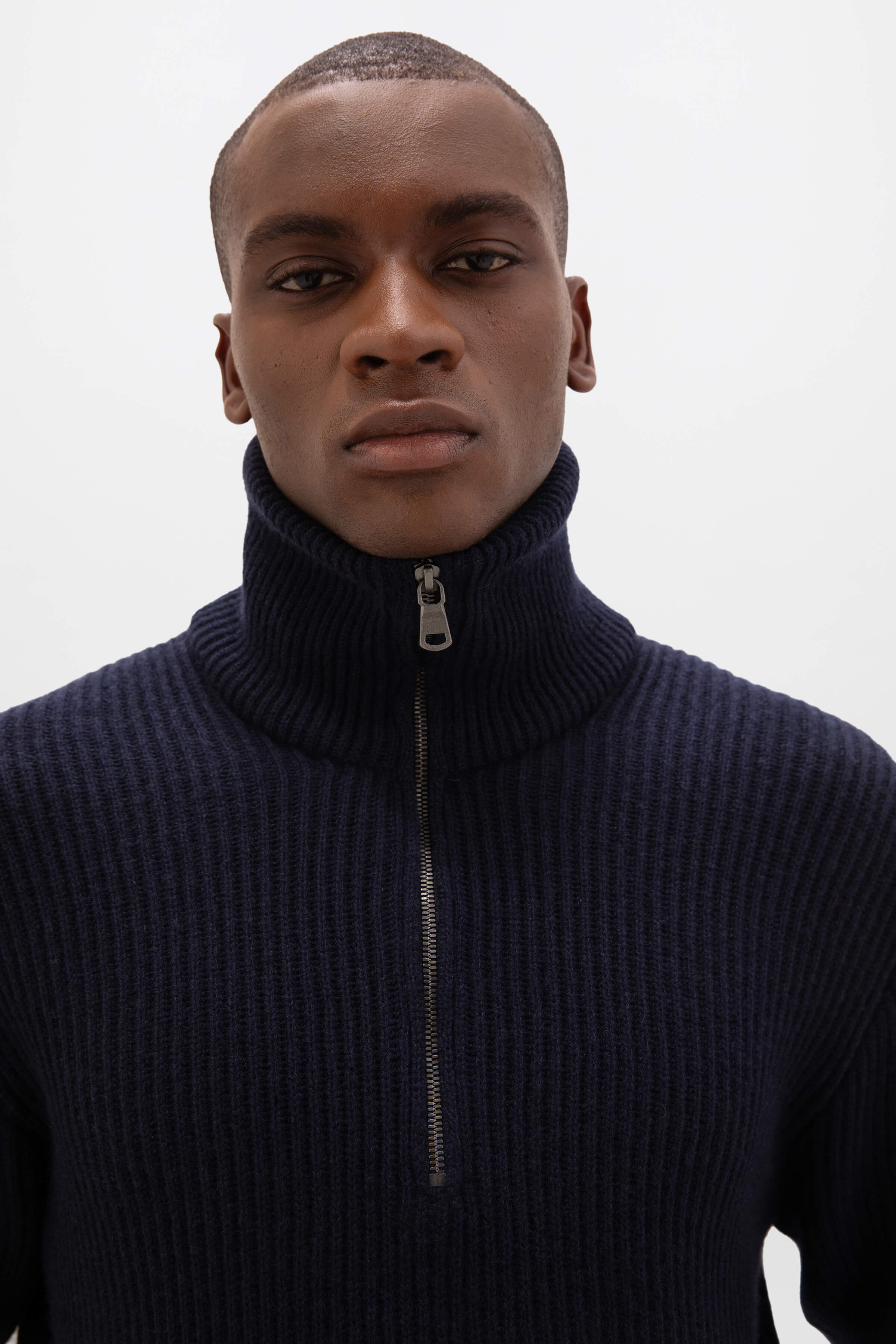 Dark Navy Ribbed Zip Turtle Neck Jumper | Men's Cashmere