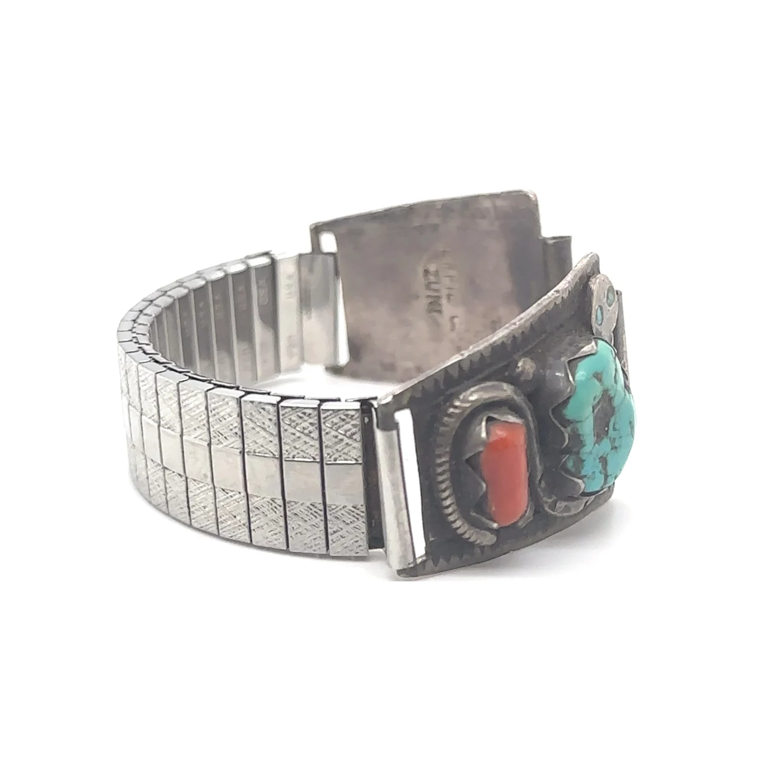 Sterling Silver, Turquoise, Coral & Snake Motif Watch Bracelet by