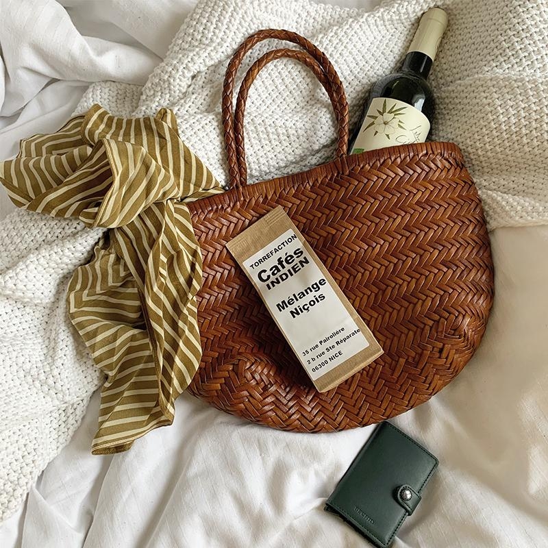 ブラウン レザー 編み トート バッグ 革 カゴ バッグ | Baginning