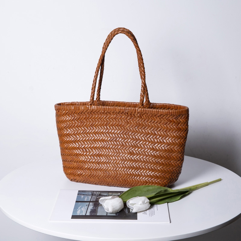ブラウン レザー 編み トート バッグ 革 カゴ バッグ | Baginning