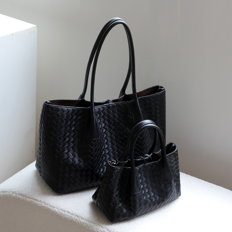 秋 新品 レディース ブラック レザー 編み込み トート バッグ スクエア