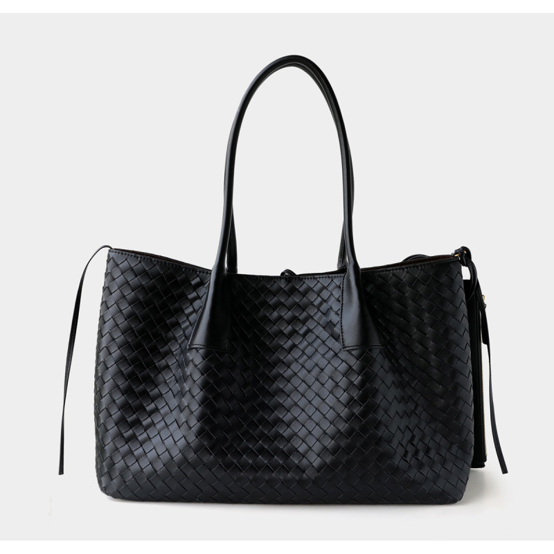 秋 新品 レディース ブラック レザー 編み込み トート バッグ スクエア