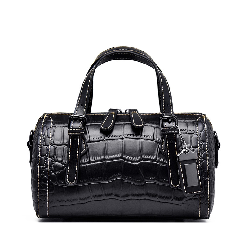 レディース ブラック クロコ型押し レザー ショルダー ミニ ボストン