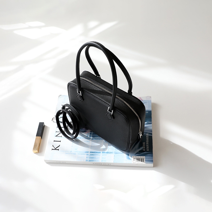 レディース ブラック レザー ミニ ボストン バッグ ジッパー スクエア