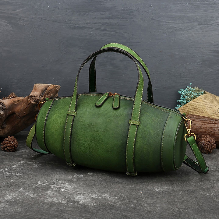 グリーン レトロ 円柱型 本革 ボストン バッグ | Baginning