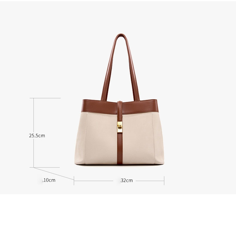 ベージュとブラウンのキャンバス牛革通勤大容量トートバッグ | Baginning