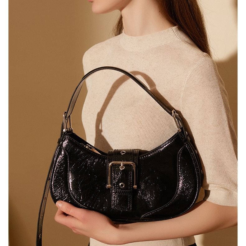 ブラック レザー Y2K スタイル バックル ショルダー ホーボー バッグ