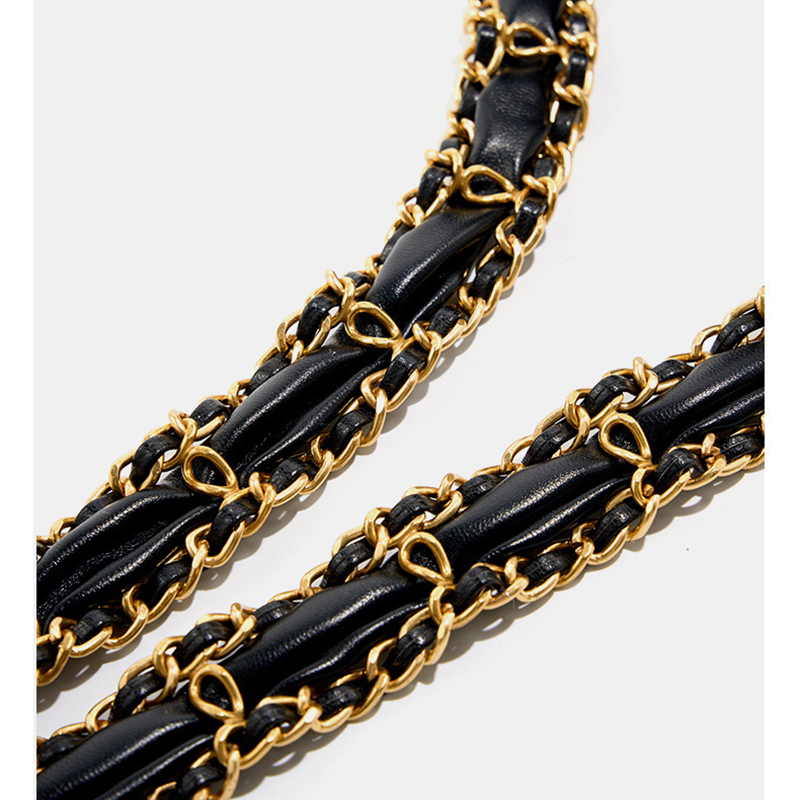 ブラックレザーチェーンクロスボディバッグキルティングフラップ