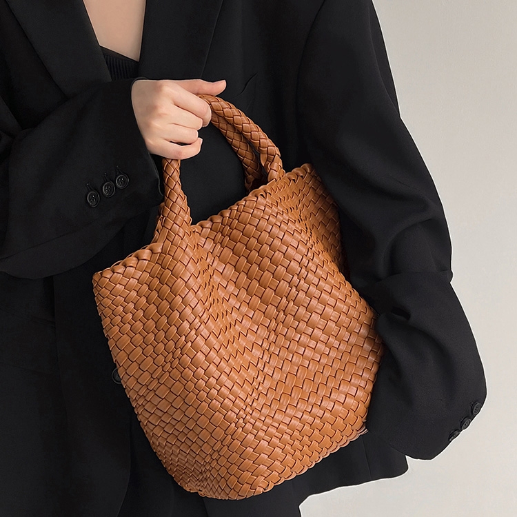 ブラウン 編み込み フェックス レザー カゴ バッグ 人気 ハンドバッグ