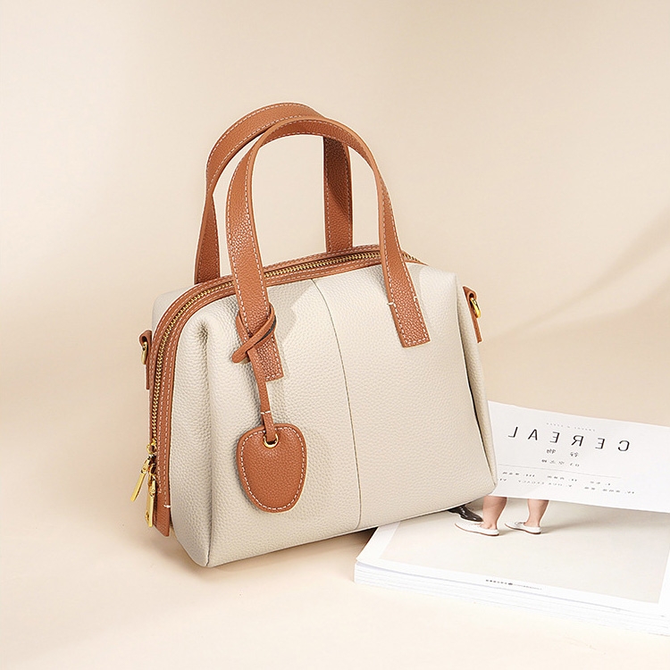 ブラウンXベージュ レザー ボストンバッグ ショルダー ハンドバッグ