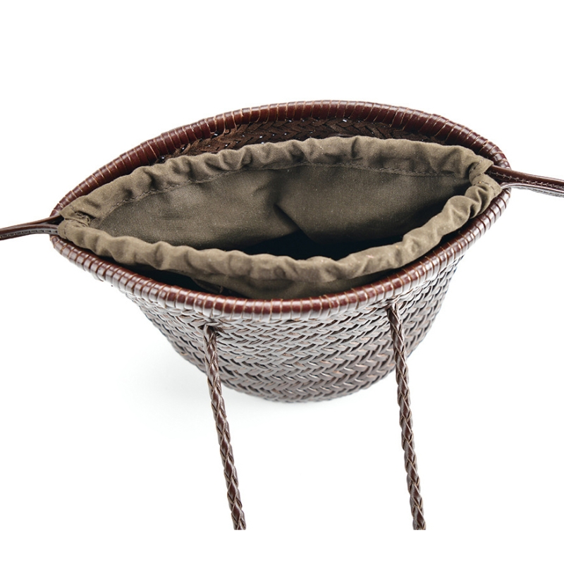 新入荷 ブラウン 本革 編み込み ショルダー バッグ 手作業 バケツ