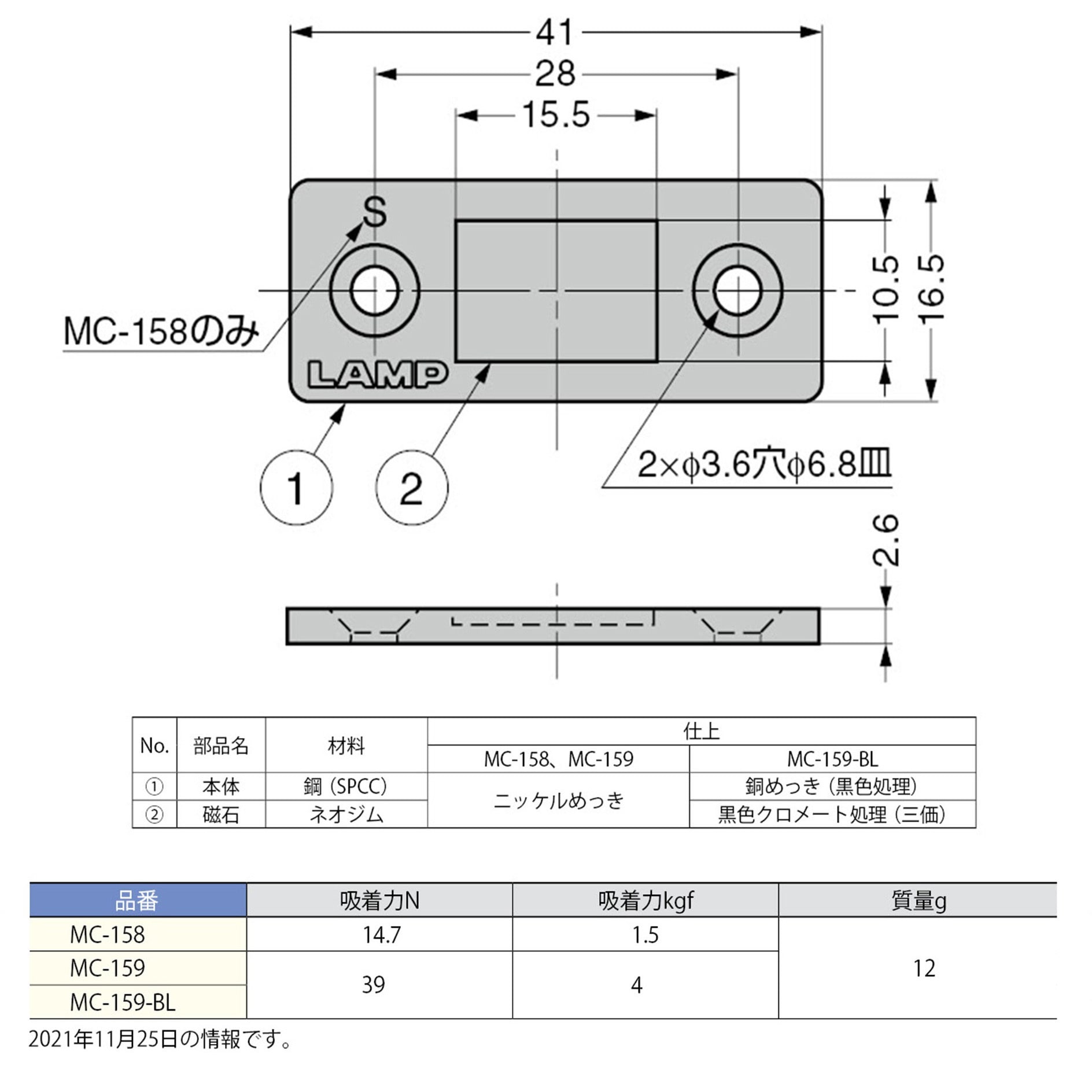 MC-158 平行極薄型マグネットキャッチ LAMP(スガツネ工業) 標準タイプ