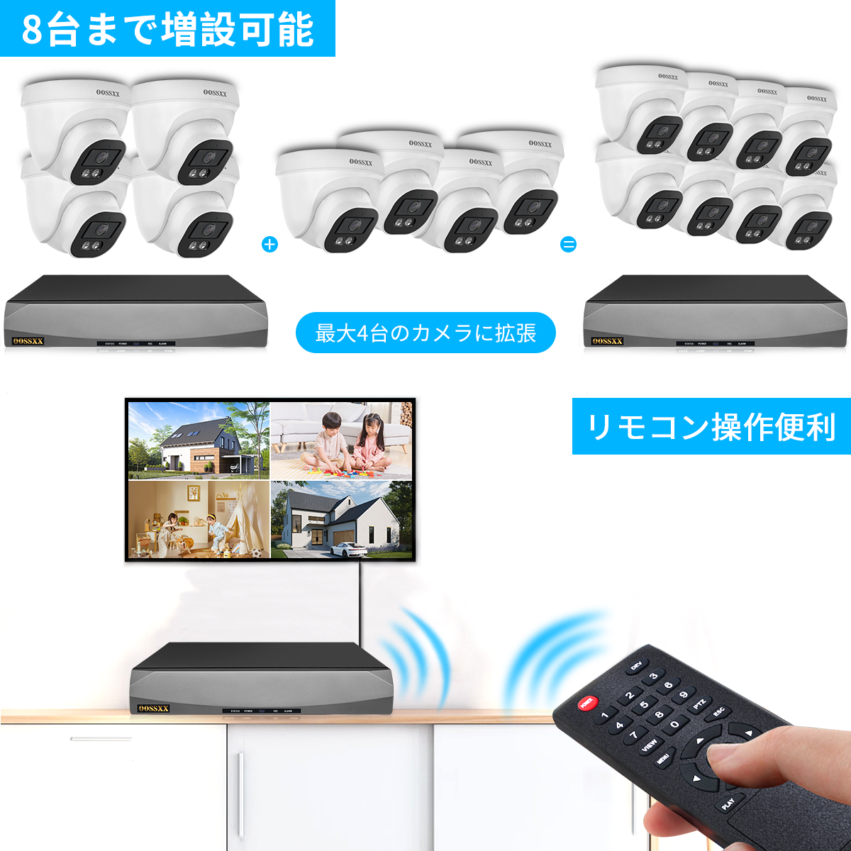 POE給電ドーム型防犯カメラセット 双方向通話 800万画素 屋内外両用