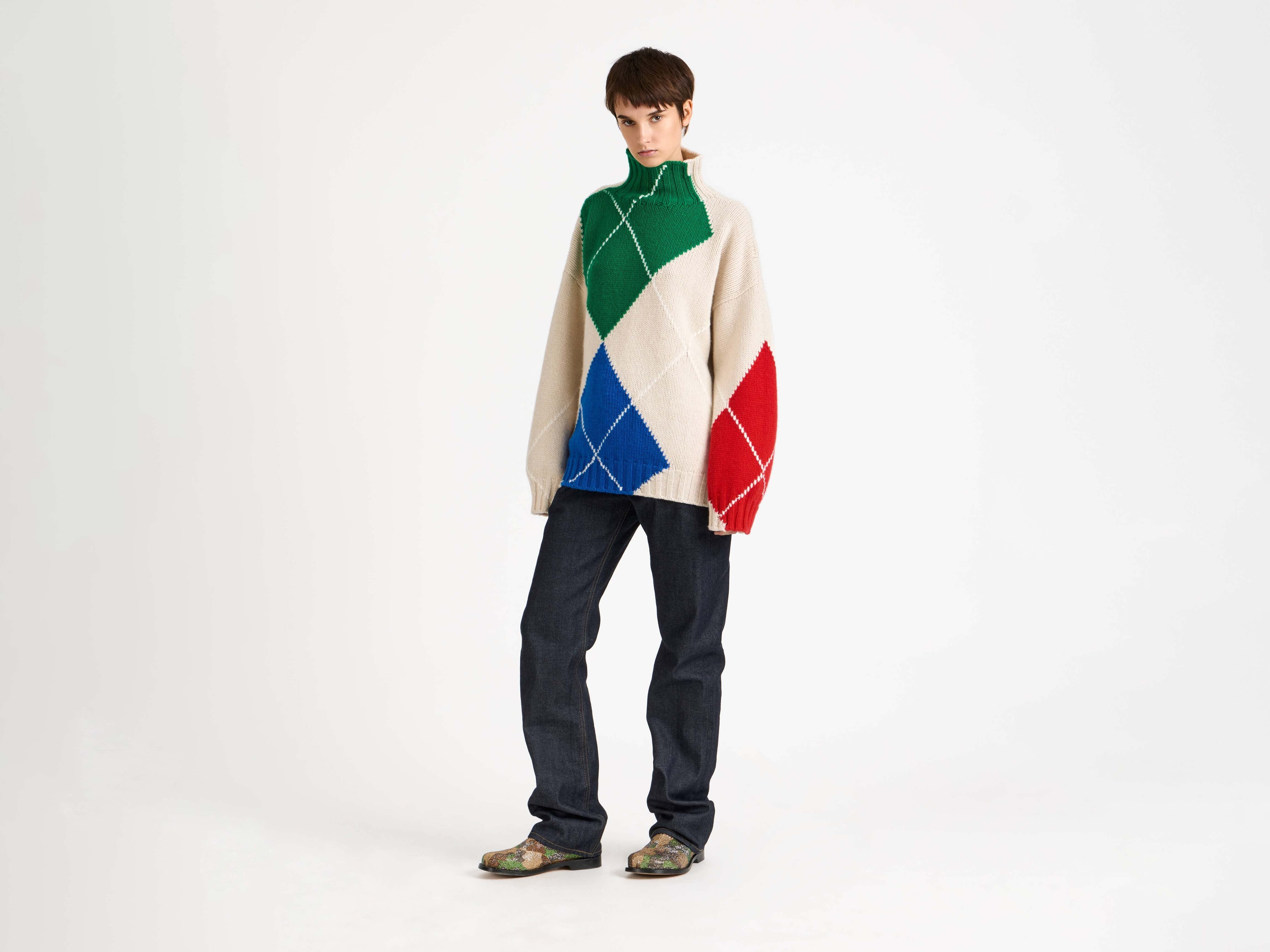 WOMENS JW ANDERSON X PRINGLE TURTLE-NECK ARGYLE JUMPER IN NATURAL