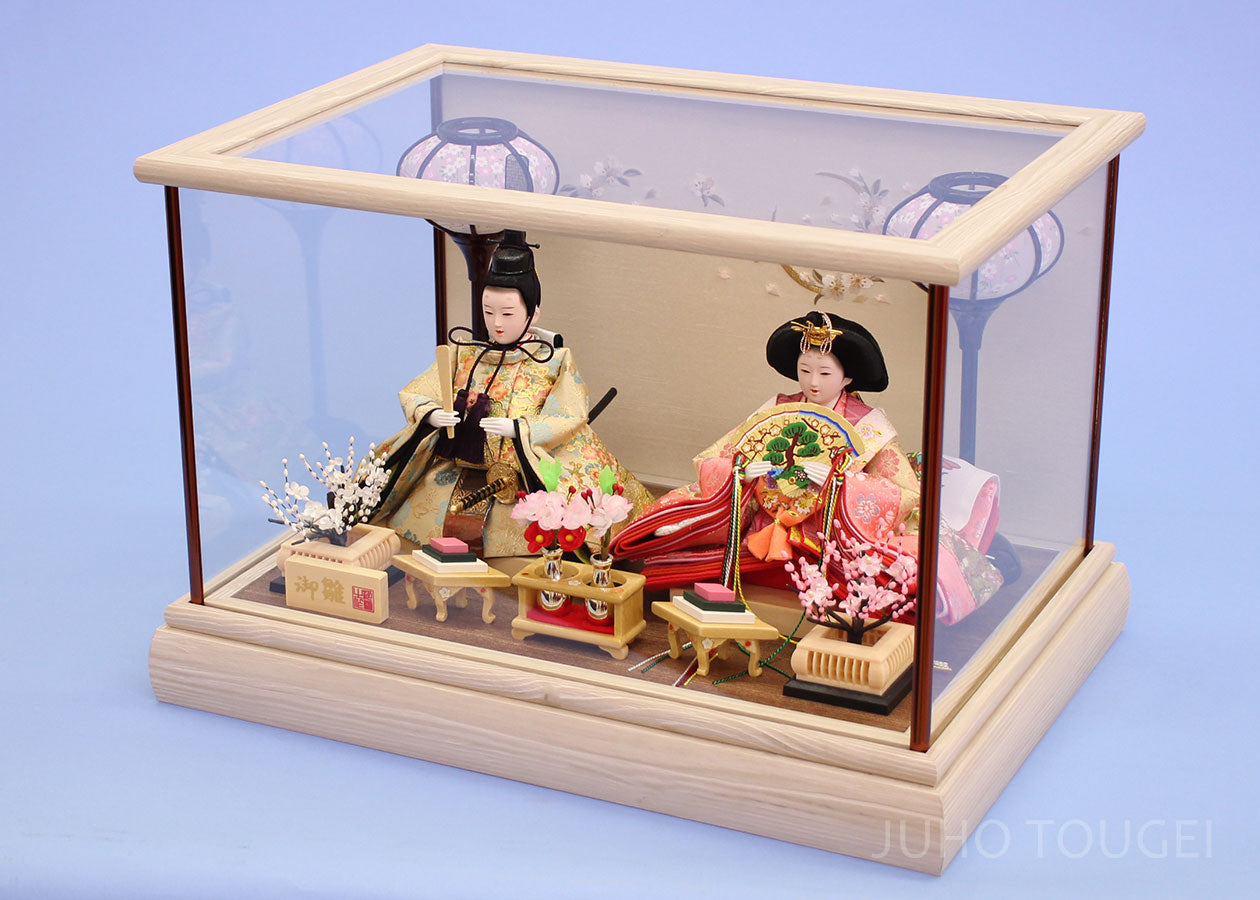 雛人形 ケース飾り 二人 幅38cm｜ガラスケース固定型 小芥子親王 窓