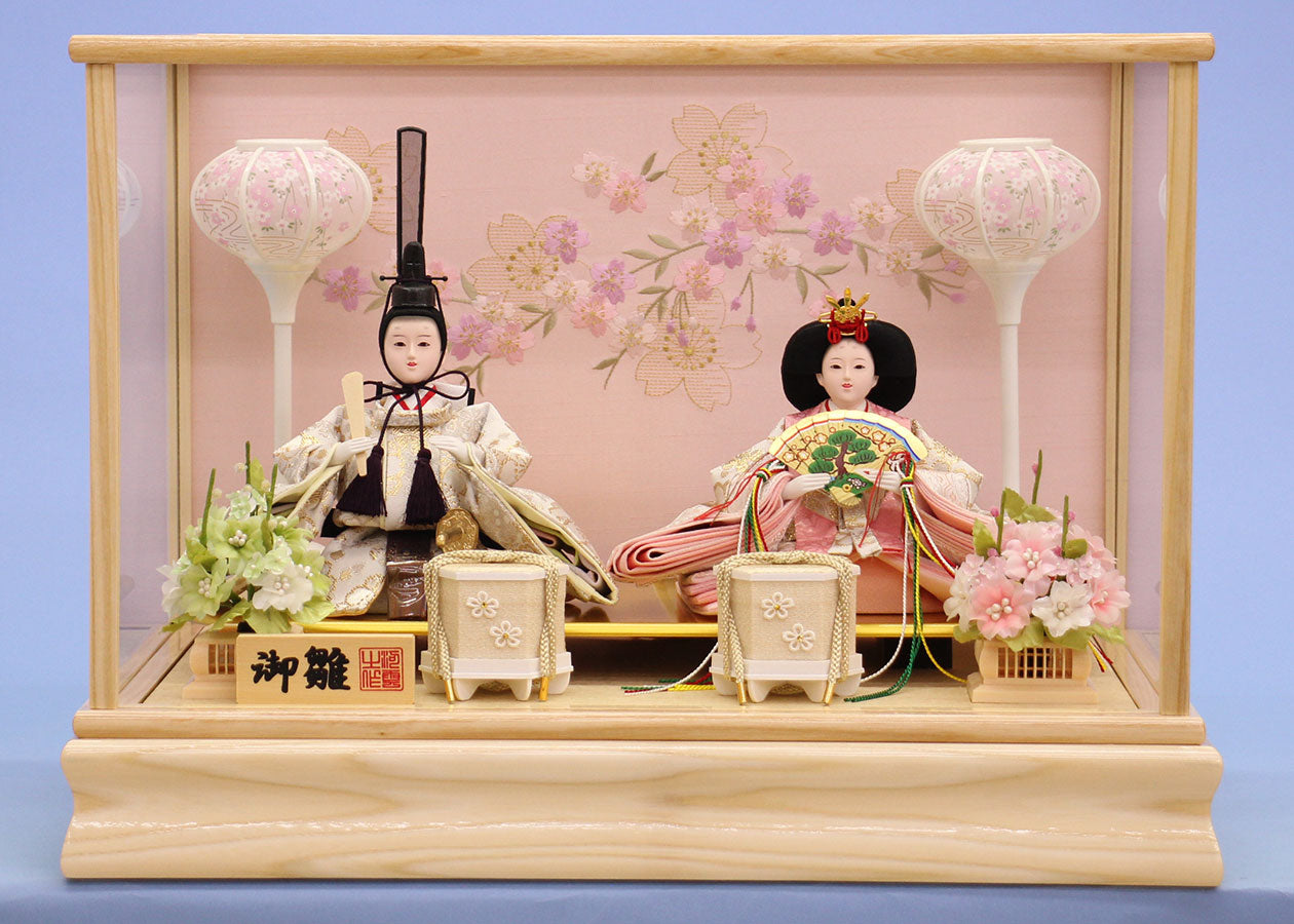 雛人形 桜塗2人 慶山 二人飾り（ガラスケース）オルゴール、ライト付