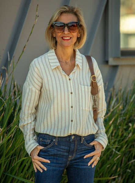 Cream Taupe Stripe Gauze Shirt With Roll Up Sleeves – Just Style LA